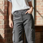 NWOT PTCL High Waist Wide Leg Cargo Jeans in Black Wash Gray Size 23 Photo 0