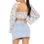 Fiestar Smocked Crop Top Front Lace Up Puff Sleeves Floral Womens Size Large NWT Blue Photo 2