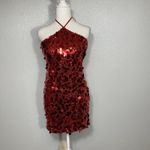 Red Sequin Mini Dress M Cocktail Party Zip Side Stretchy Chic Glam Club Festive Size M Photo 4