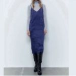 ZARA  Navy Blue Wrinkled and Satin Effect Midi
Dress(Size Medium) Photo 2