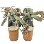 Sam Edelman  Sampson Green Suede Tassel Ankle Tie Peep Toe Heeled Mule Sandals 8 Photo 2