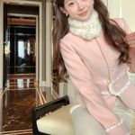 Japanese Kawaii Pastel Pink Wool White Ruffle Thick Winter Blazer Coat Jacket Size XS Photo 2