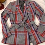 7th Avenue Blazer Jacket Gray Purple Red‎ Plaid Notch Lapel Belted Size 4 Red Photo 5