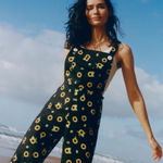 Sleeper • Baccara Linen Jumpsuit overall black yellow sunflower print flare leg Photo 0