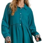 Umgee NWT  Teal Linen Blend Animal Print Long Sleeve ‎ High Low Dress  MEDIUM Photo 5