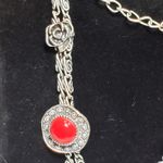 Red Silver Tone Chunky Cross Rose Charms Double Chain Necklace 22" Unsigned Photo 6