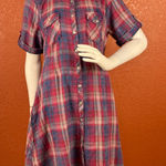 Reba  Red and Blue Buttoned Midi Dress Size Large 100% Cotton Side Pockets A1 Photo 0