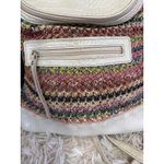 Crazy Horse Woven Crochet Backpack Cream Faux Croc Trim Top Handle Zip Front White Photo 2