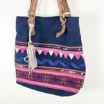 Fossil Jesse Navy Aztec Print Sequin Embellishments Canvas Shoulder Tote… Photo 8