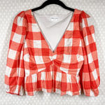 Lovers + Friends  Red White Gingham‎ Puff Sleeve Peasant Top Photo 0
