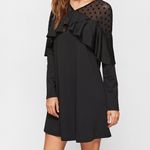 Black Polka Dot Mesh Neck Ruffle Trim A Line Dress Black Size M Photo 3