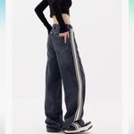 Commense Wide Leg Baggy Drawstring Racing Stripe High Waisted Denim Jeans M Blue Size M Photo 3