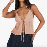 Peach 🍑 Crop Halter Top Split Deep V Neck Crinkle Texture Tie Front Tops Orange Size M Photo 0