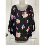 Elle  Black Floral Print Long Sleeve Blouse Women Size L Sheer Lightweight Photo 1