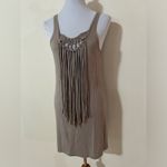 Trina Turk  taupe fringe macrame mini shift dress SMALL Photo 6