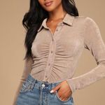 Lulus Ruche Decision Taupe Long Sleeve Collared Top Photo 0