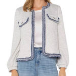 Liverpool  Los Angeles Small Collarless Tweed Jacket White‎ Blue Frayed Edge Photo 0