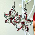 NWOT Silver Tone and Ruby Rhinestone Hawaiian Tropical Flower Earrings Handmade Photo 0