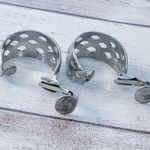 Vintage Clip On Earrings Silver Tone Cut Out Design Hoops with Pattern Photo 4