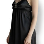Vintage 90s Black Satin Babydoll Mini Slip Dress Embellished Evening Party Size 10 Photo 0