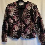 Ellen Tracy Ellen D 80’s Vtg Jacket Floral Metallic Black Multi Collarless V-Neck L Fits Med Photo 0