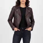 Weekend Max Mara Womens Leather Moto Jacket Burgundy Asymmetrical Zip Moto Style Brown Size 6 Photo 2