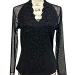 American Vintage Vintage Beaded Blouse Black Sheer Long Sleeve Deep V-Neck Shirt Scallop Date Photo 0