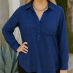 🔵 Women’s Navy Blue Windowpane Plaid Blouse | High Photo 0