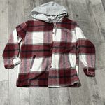 Red White Plaid Jacket Coat flannel button up fall autumn women’s medium hooded Photo 1