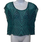 Self Esteem  EUC Green Blue Abstract Print Lace Inset Sheer Blouse Sz M Photo 0