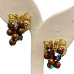 Vintage Cluster Faux Chocolate Color Pearl AB Diamond Cut Beads Earrings Leaves Photo 0