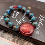 Handmade Boho Beaded Stretch Bracelet Red Floral Glass Centerpiece Blue Swirl Photo 6