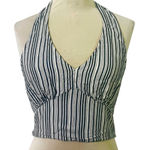 American Eagle Halter Top Blue White Striped Crop Smocked Back Medium‎ M Black Photo 0