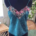 Vintage 80s Wendy Ann Teal Satin Damask Lace Trim Camisole Tank Top Photo 0