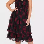 Torrid Lace Up Dress 1X Red Black Floral Smocked Layered Milk Maid Fairy Goth Photo 0