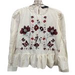 ZARA  Woman Ivory Embroidered Floral Long Sleeve Keyhole‎ Ruffle Blouse Size XS Photo 0