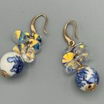 Blue and White Floral Ceramic Ball Dangle Earrings Rhinestone Crystal Accents Size 0 Photo 1