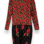 Vintage 80s Floral Dress Roses Dropped Waist Long Sleeve Modest Black Red Retro Size 8 Photo 0