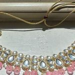 Pakistani Indian Gold Plated Beads Mirrored Elegant Pink and Gold Jewelry Set Photo 2
