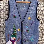 Vintage Ugly Christmas Zip Up Cardigan featuring snowman winter flurry 18W/20W Blue Photo 0