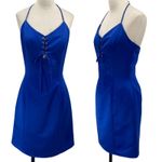 Vintage 90s Halter Neck Lace Up Bodice Mini Dress Satin Royal Blue NEW Womens 4 Photo 2