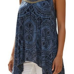 Anthropologie LANGUAGE LA Shades of Blue Hankie Hem Gold Embroidered Top XS Photo 0