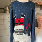 Christmas Sweater Ugly Holiday Crewneck Santa Reindeer Womens XL Blue Acrylic Photo 8