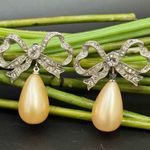 Vintage K.J.L. Kenneth Jay Lane Pave Crystal Bow Faux Pearl Tear Drop Earrings Silver Photo 0