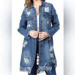 Daisy  Blue Distressed Long Denim Jacket Women's Size Large Frayed Hem Pockets‎ Photo 1