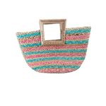 Antik Kraft  Women's Pink & Blue Wooden Jute Satchel Beach Tote Bag Photo 9