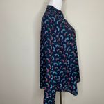 Loft Navy Blue Peacock Print Chiffon Blouse Sz Large Photo 3