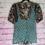 Anthropologie  TINY FLORAL TEAL MIXED MEDIA SHEER WRAP FRONT FLOWY BLOUSE S Photo 1