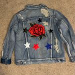 Signature 8 embellished denim jean jacket rose patch, bead peace rips and tears Blue Photo 8