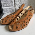 La Plume Leather Cutout Strappy Sling Back Suede Wedge Sandals Heels EU 41/US 10 Tan Photo 0